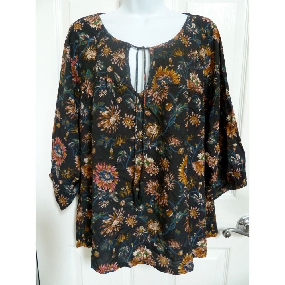 NATURAL LIFE Sz Large Balloon Sleeve Boho Tassled Blouse Peasant Dark Floral